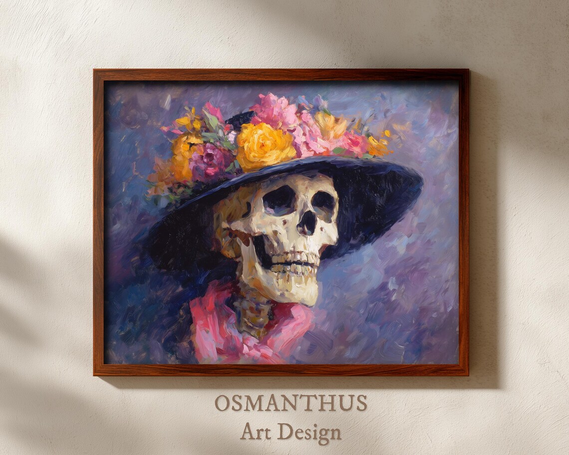 Skeleton Woman Floral Hat Close Up Day Of Dead Portrait Art Poster