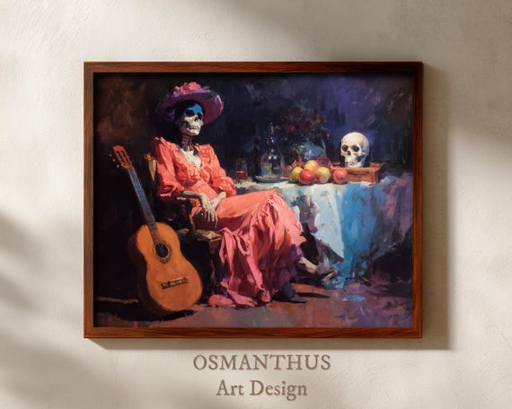 Vintage Dia De Los Muertos Art Manet Style Moody Skeleton Lady Painting Rustic Mexican Decor Halloween Wall Print 62