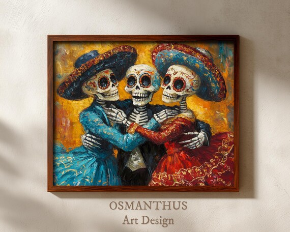 Three Dancing Sugar Skeletons Sombreros Fiesta Dia De Muertos Oil Poster