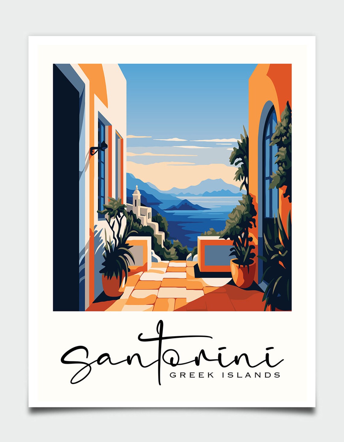 Santorini Greek Islands Orange Terrace Sea View Travel Poster - Image 3