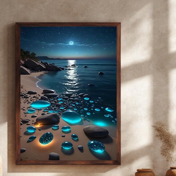 Moonlit Beach With Glowing Blue Stones Canvas Wall Art Starry Night Sky Ocean Waves And Magical Coastal Fantasy Scene