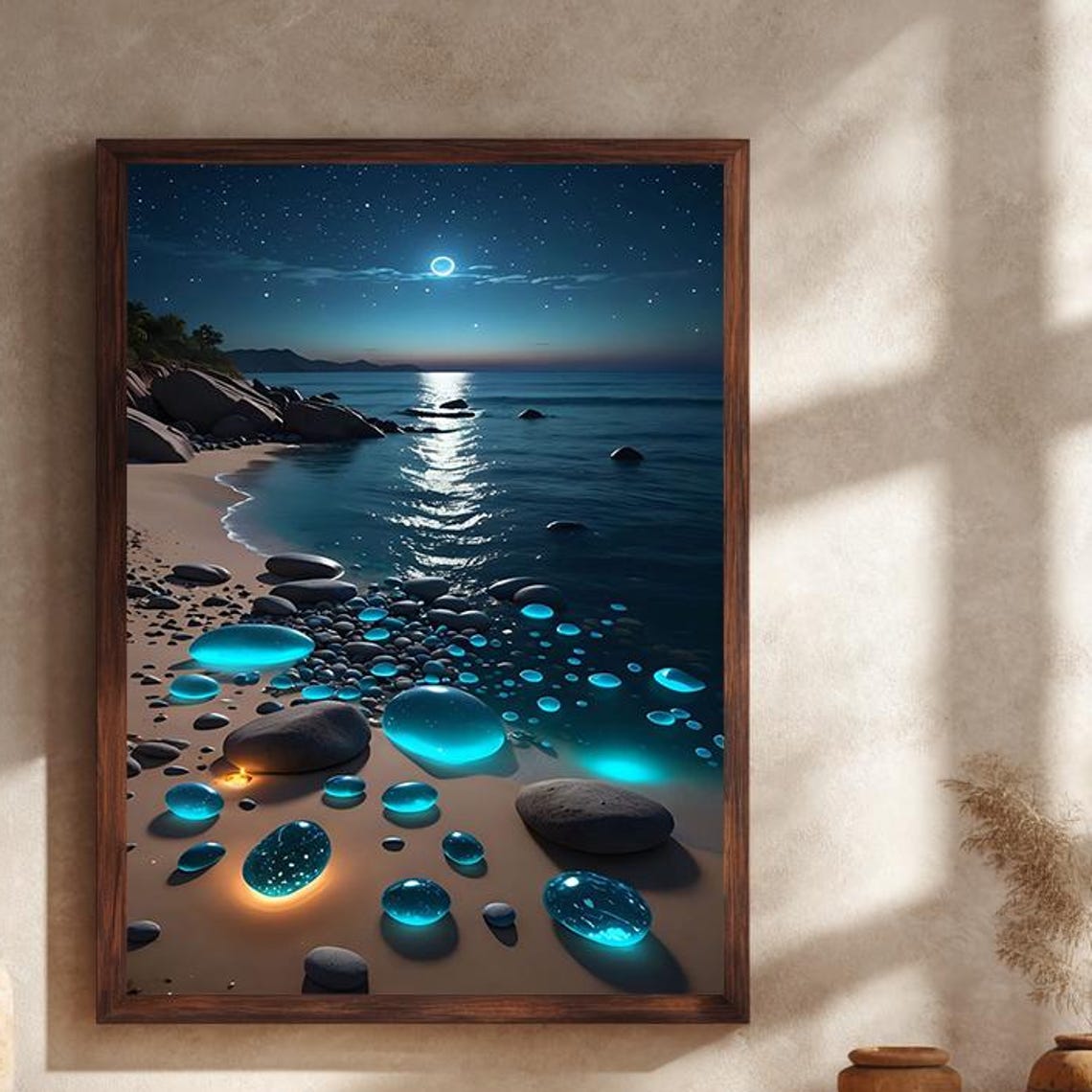 Moonlit Beach With Glowing Blue Glass Stones Starry Sky Poster