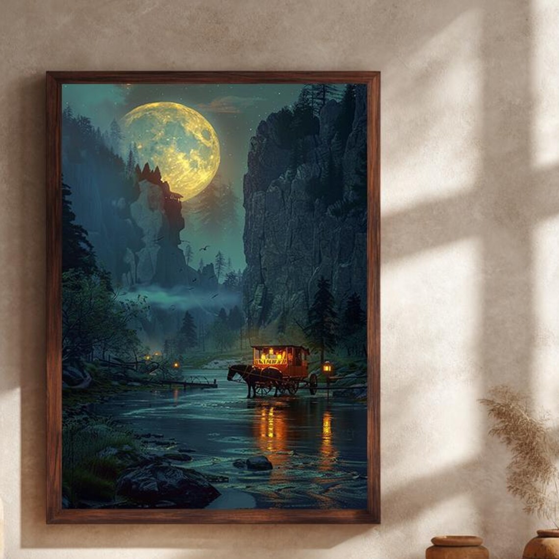 Moonlit Fantasy Valley Lantern Carriage River Crossing Poster