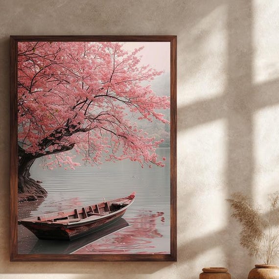 Cherry Blossom Tree Wooden Boat Misty Lake Spring Landscape Poster
