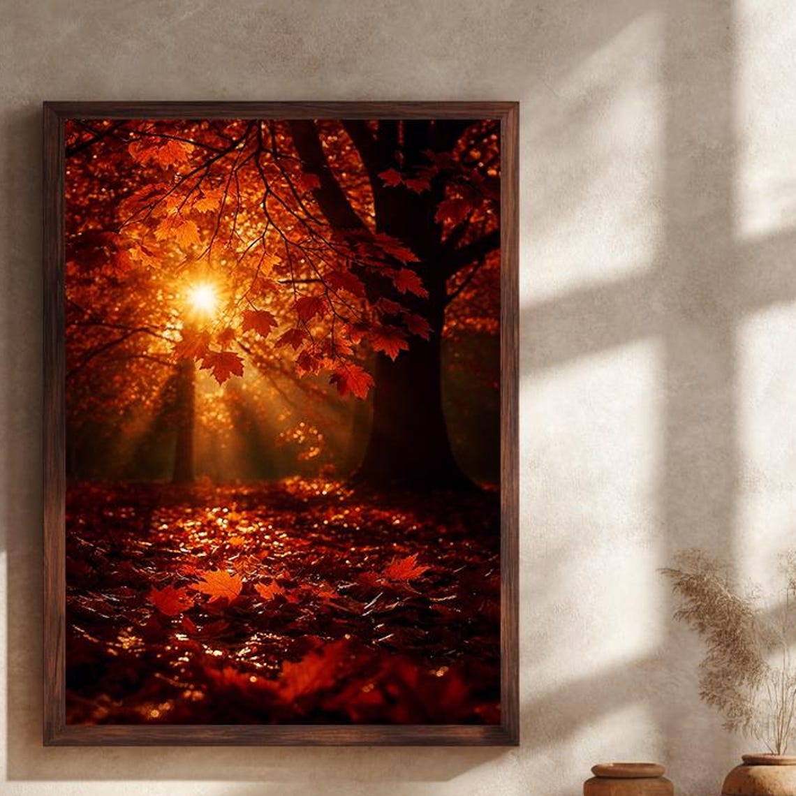 Golden Sunlight Through Autumn Maple Leaves in the Forest Print