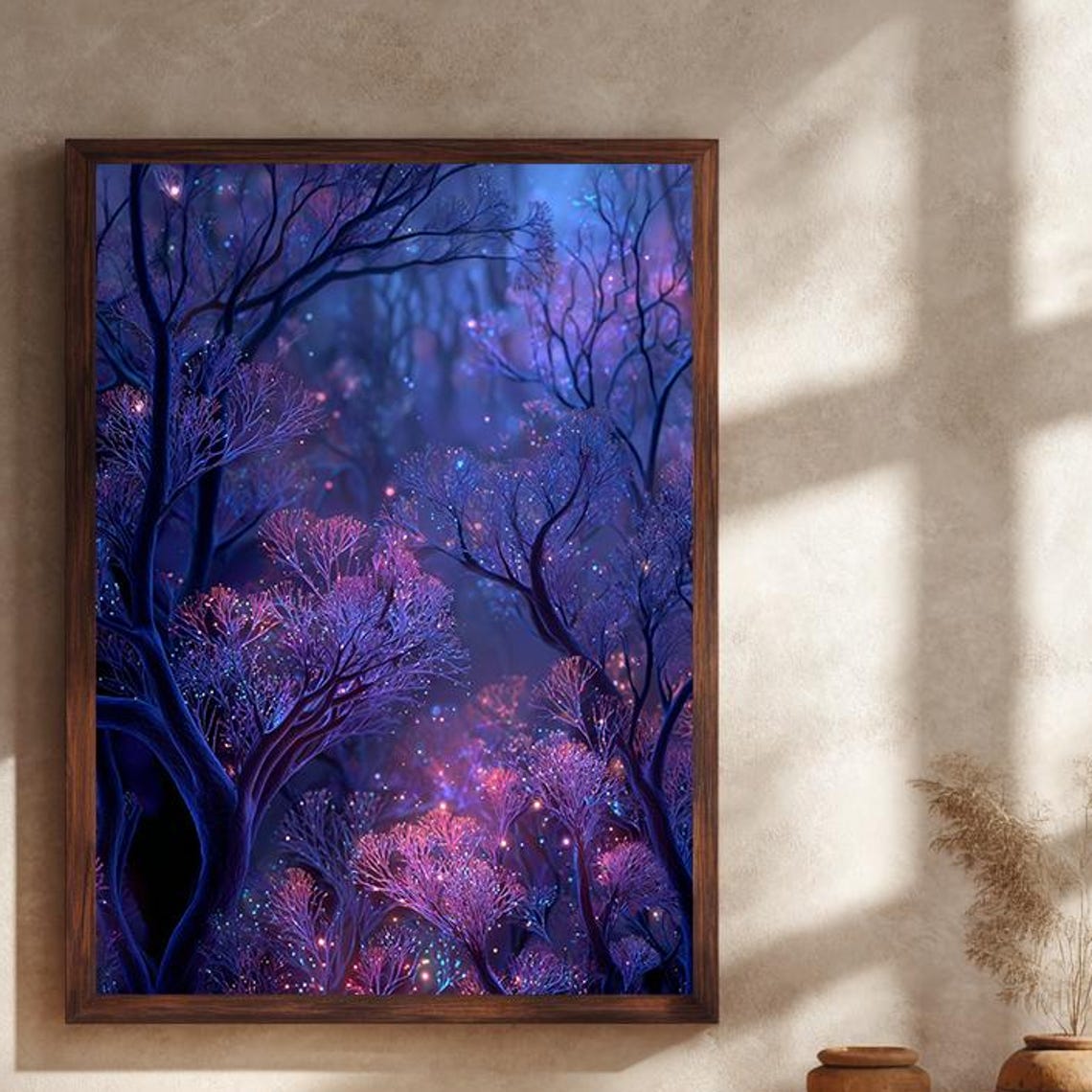 Glowing Purple Fantasy Forest Wall Poster, Enchanted Mystical Trees