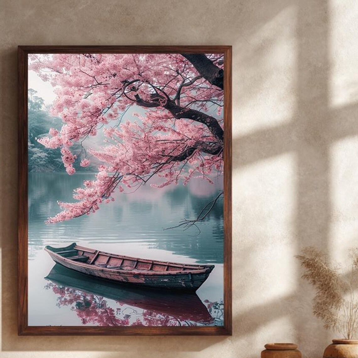 Cherry Blossom Tree Wooden Rowboat Peaceful Lake Japanese Art Poster