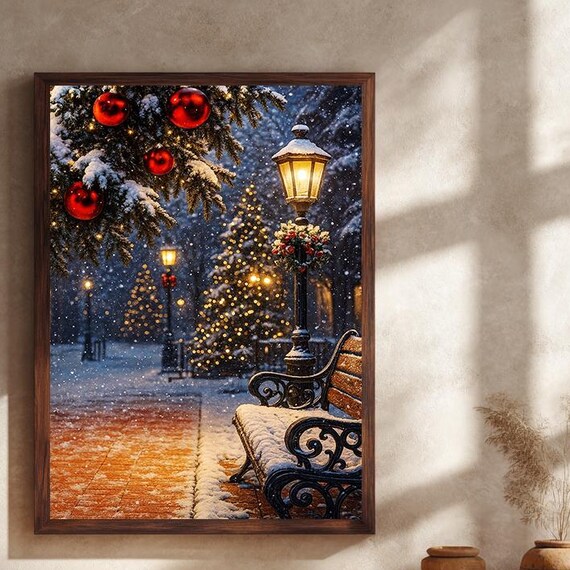 Christmas Park Snowy Night Lit Trees Red Ornaments Bench Scene Poster