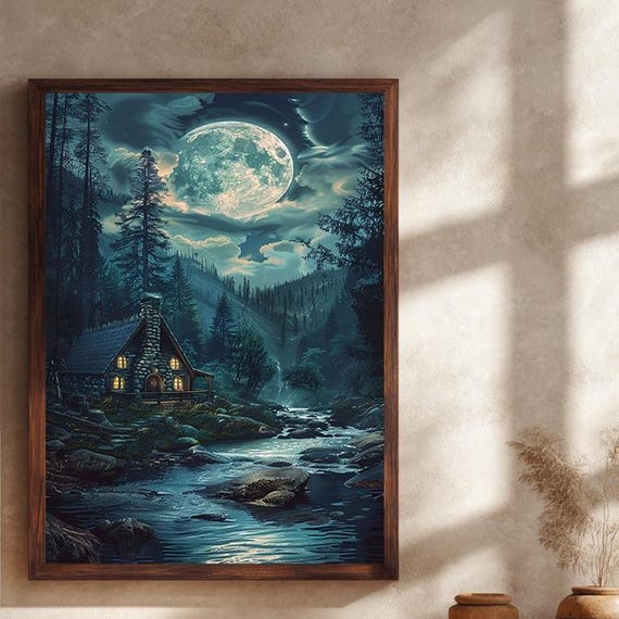 Moonlit Cabin In The Woods Canvas Wall Art Print With River And Forest Night Landscape Cozy Rustic Nature Home Decor