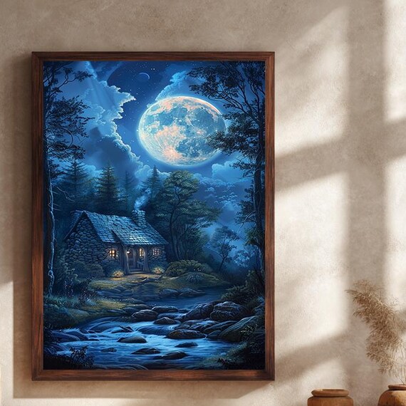 Giant Full Moon Over Stone Cottage Night Stream Landscape Poster