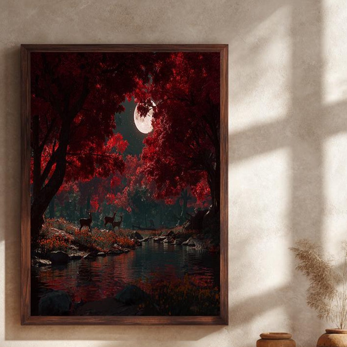 Red Moonlit Autumn Forest Deer By River Fantasy Night Poster