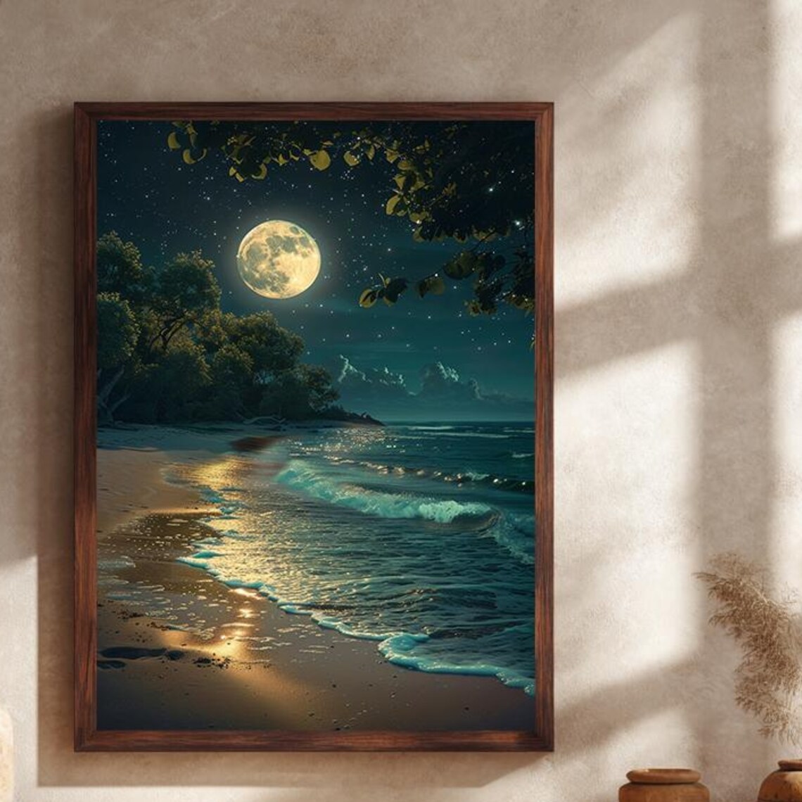 Moonlit Ocean Waves Washing Quiet Night Shoreline Seascape Poster
