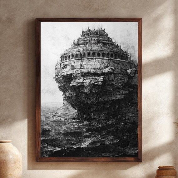 Dark Fantasy Cliffside Castle Ink Drawing Poster in Dramatic Monochrome