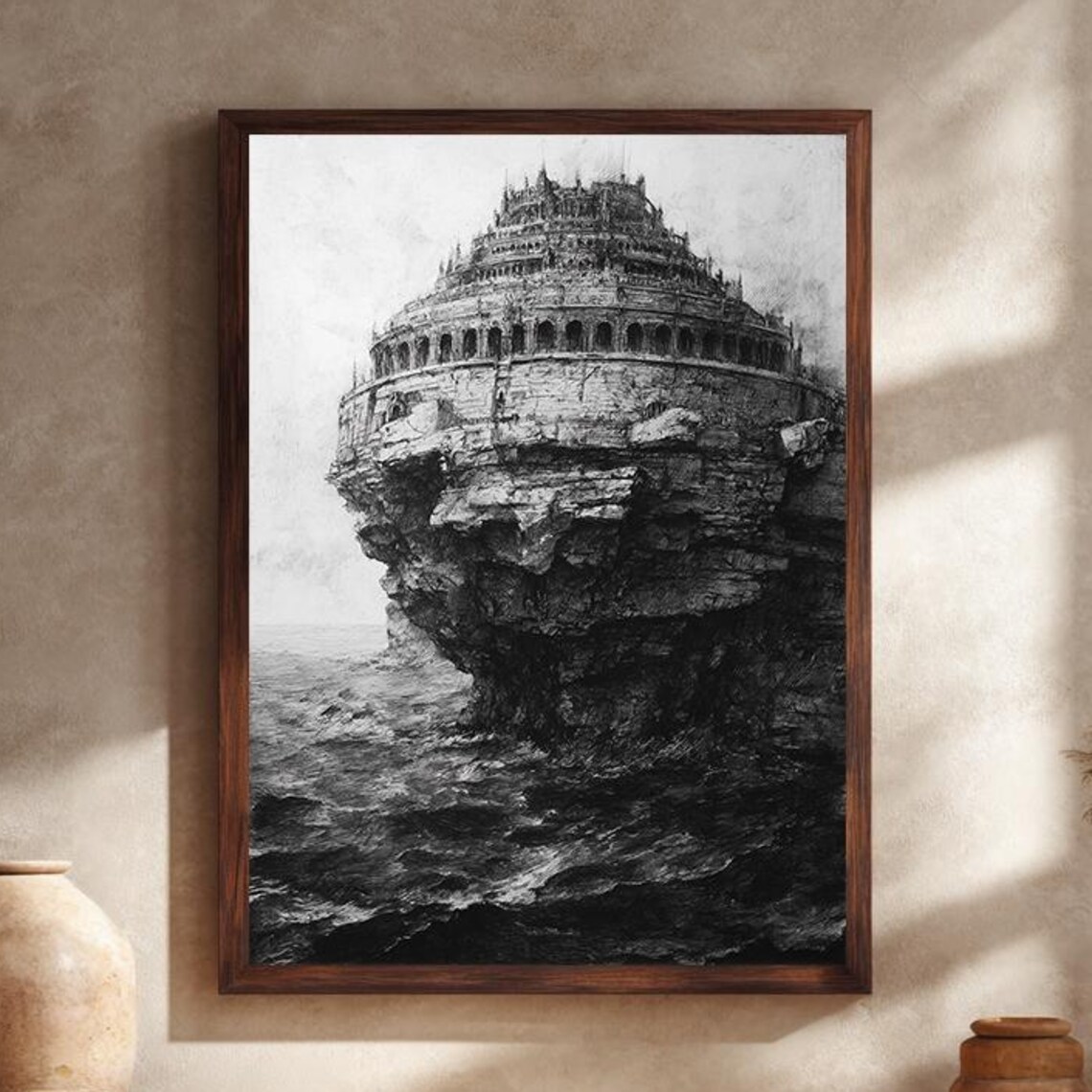 Dark Fantasy Cliffside Castle Ink Drawing Poster in Dramatic Monochrome