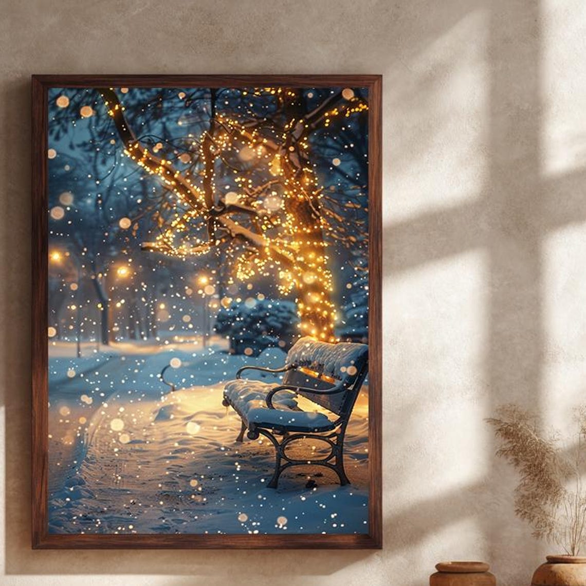 Snowy Park Bench Fairy Light Tree Falling Snow Night Winter Poster