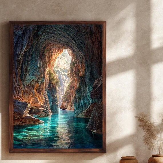 Hidden Coastal Canyon With Boat Turquoise Water Adventure Wall Poster