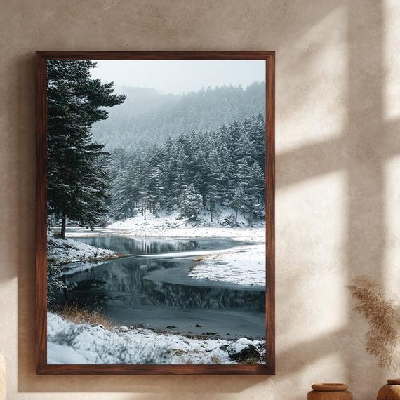 Winter Forest Canvas Wall Art Snowy Pine Trees And Frozen Lake Landscape Print For Cozy Seasonal Home Or Cabin Decoration