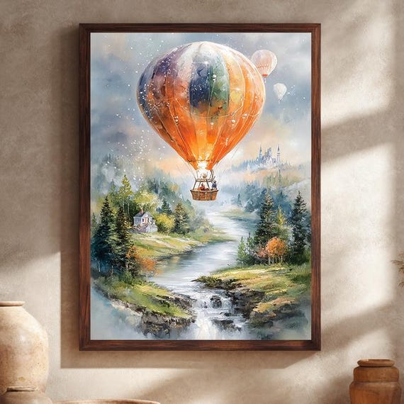 Whimsical Hot Air Balloon Landscape Wall Art Print With Castle And River Scene Fairytale Style Vintage Painting For Home Decor