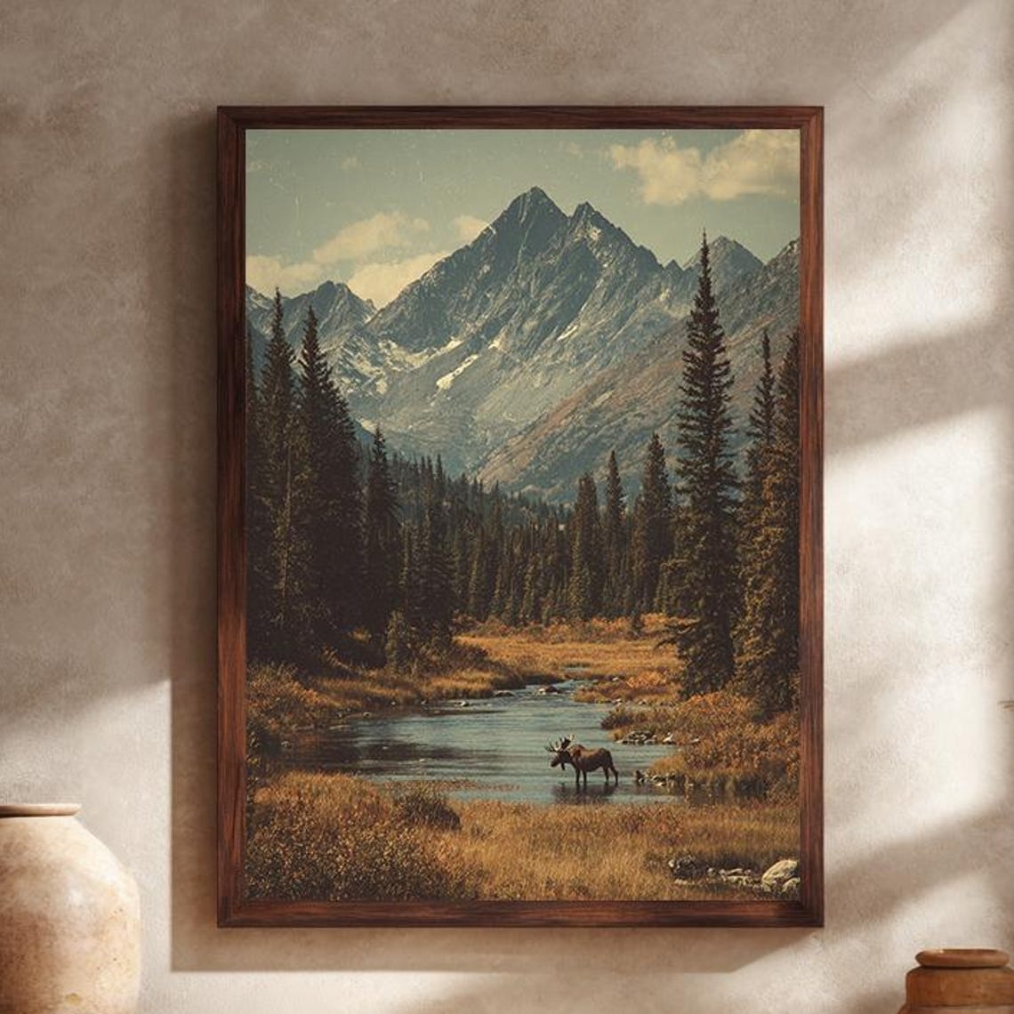 Rustic Mountain Moose Canvas Wall Art with Forest River Autumn Scene