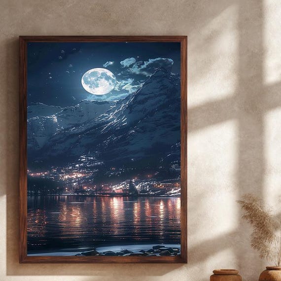 Moonlit Mountain Village Canvas Wall Art Print With Snowy Night Lake Reflection And Full Moon Landscape Home Decor