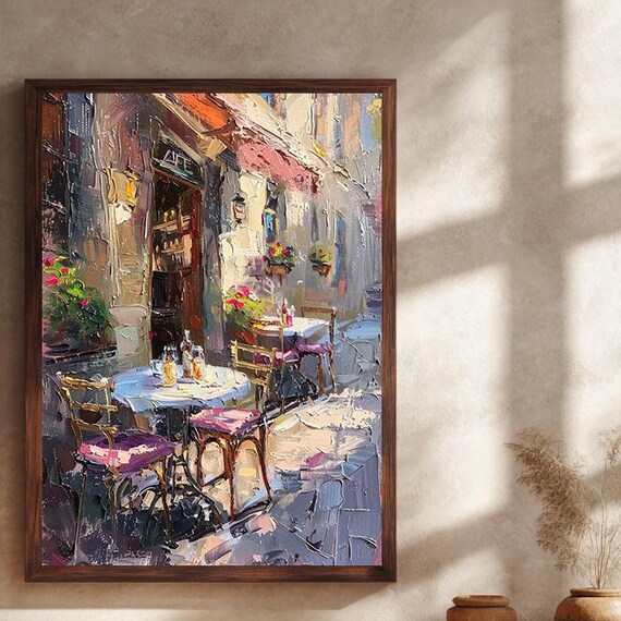 Textured European Cafe Canvas Wall Art Print Romantic Outdoor Bistro With Bold Brushstrokes For Cozy French Home Decor