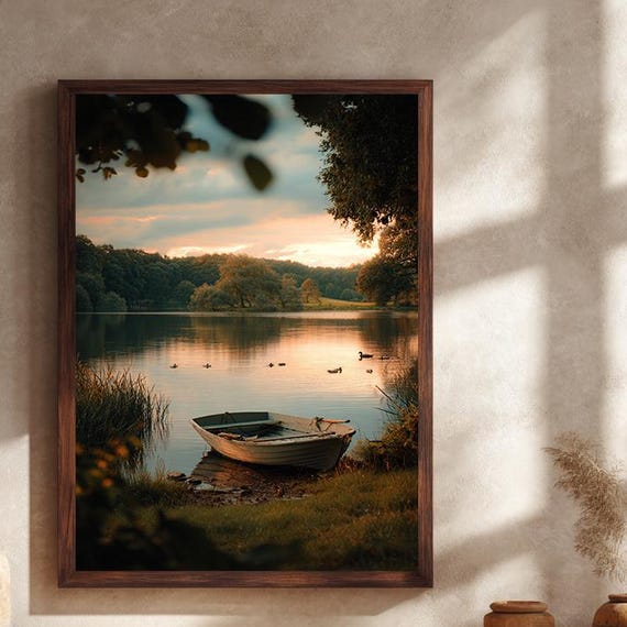 Sunset Lake Boat Canvas Wall Art Peaceful Nature Landscape Print With Ducks Trees And Golden Hour Light For Rustic Home Decor