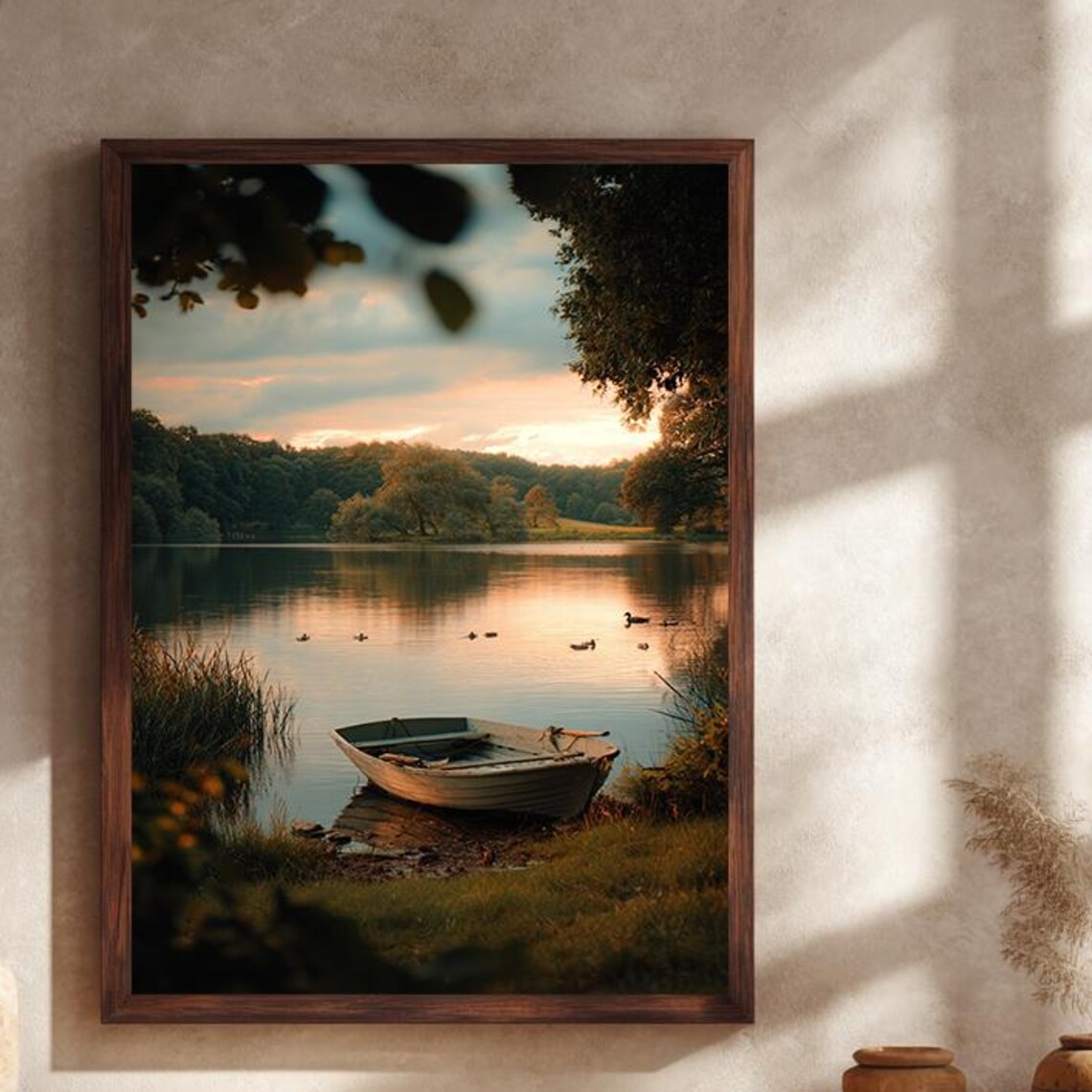 Golden Hour Lake Sunset With Rowboat And Ducks Nature Poster
