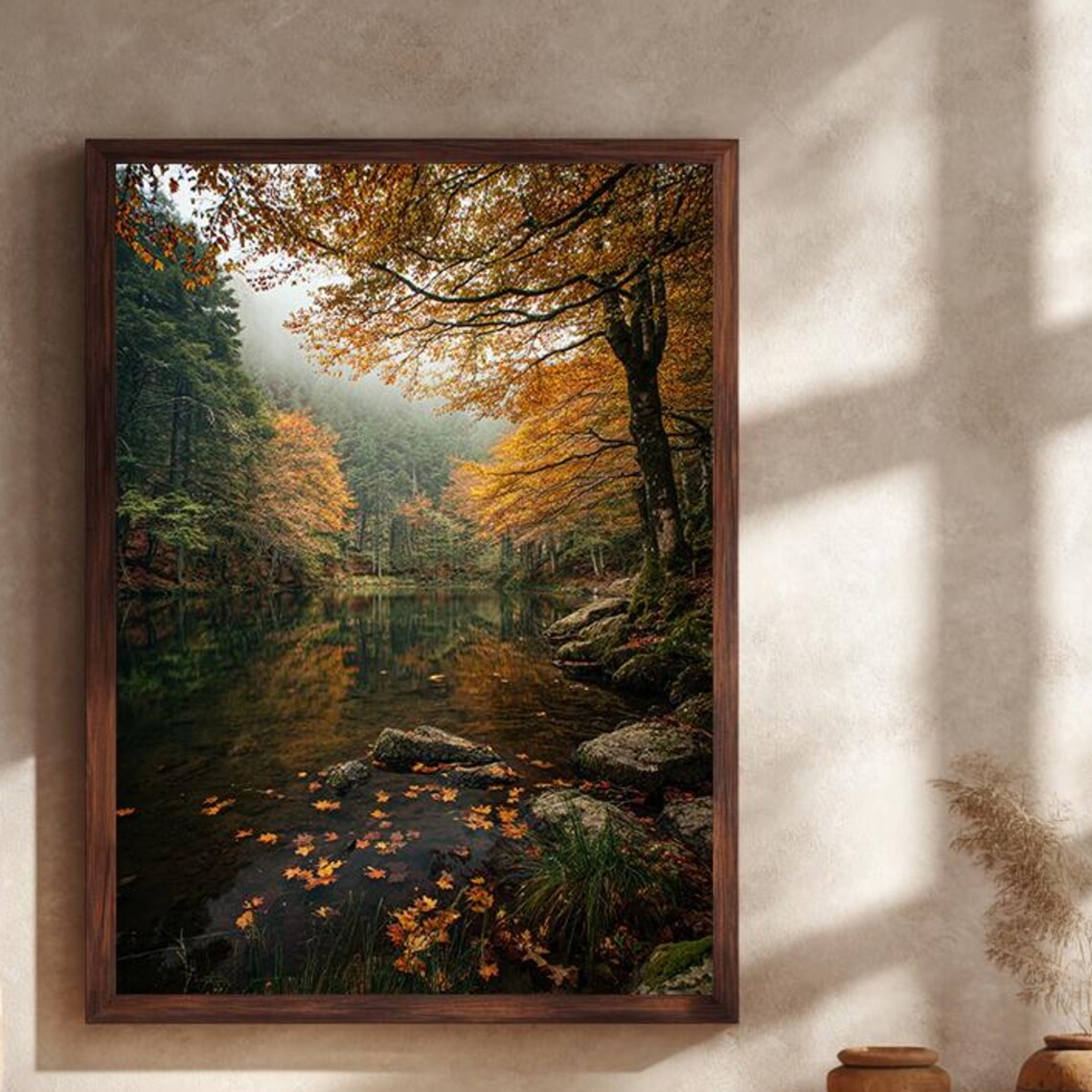 Misty Autumn Forest Lake Fallen Leaves Golden Canopy Nature Photo Poster