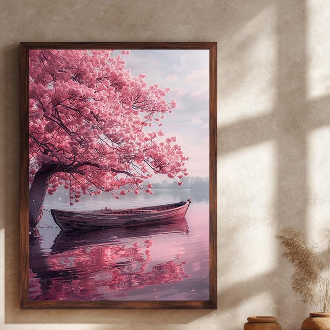 Cherry Blossom Rowboat Pink Water Reflection Tranquil Lake Poster