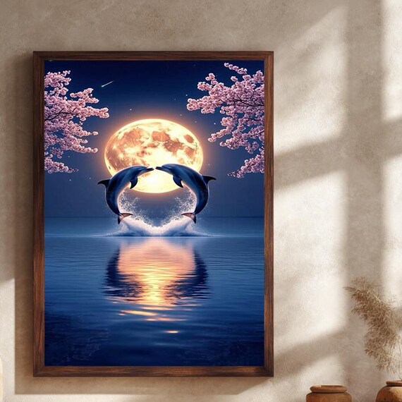 Twin Dolphins Leaping Under Full Moon With Cherry Blossoms Poster