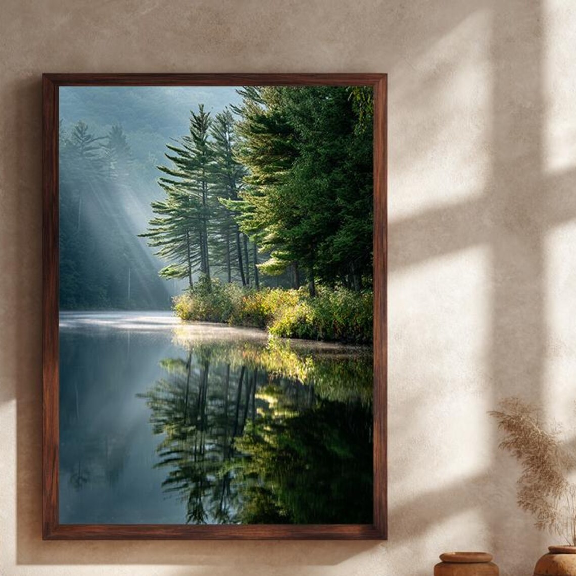 Misty Morning Pine Forest Lake Reflection Serene Nature Poster