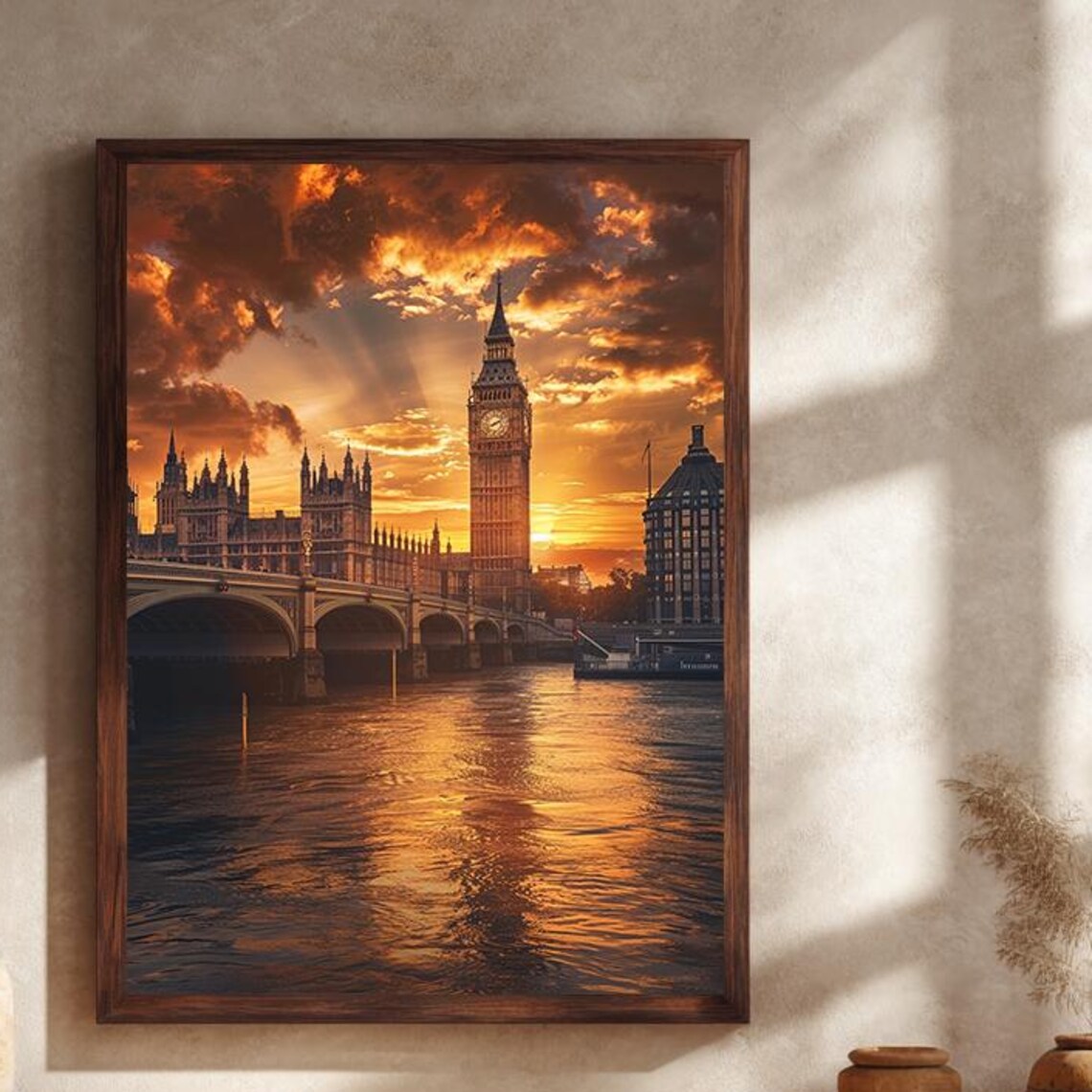 Big Ben Thames Sunset Fiery Sky London Cityscape Travel Poster
