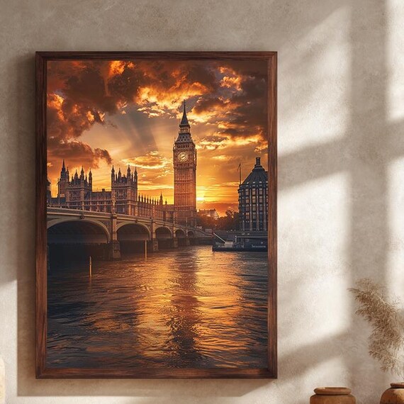 Big Ben Thames Sunset Fiery Sky London Cityscape Travel Poster