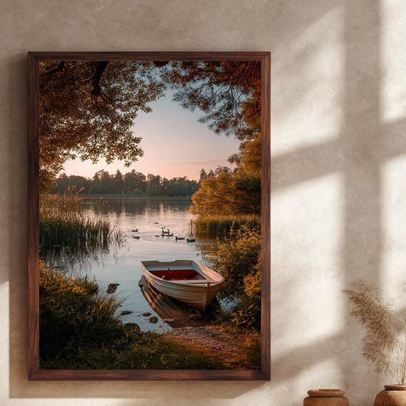 Tranquil Lake Boat Canvas Wall Art Peaceful Nature Print With Ducks Shoreline Trees And Soft Sunset Glow For Rustic Home Decor