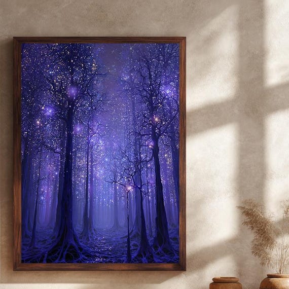 Starry Purple Forest Canvas Print Fantasy Cosmic Tree Wall Art Glowing Mystical Landscape Decor For Dreamy Boho Or Meditation Interiors