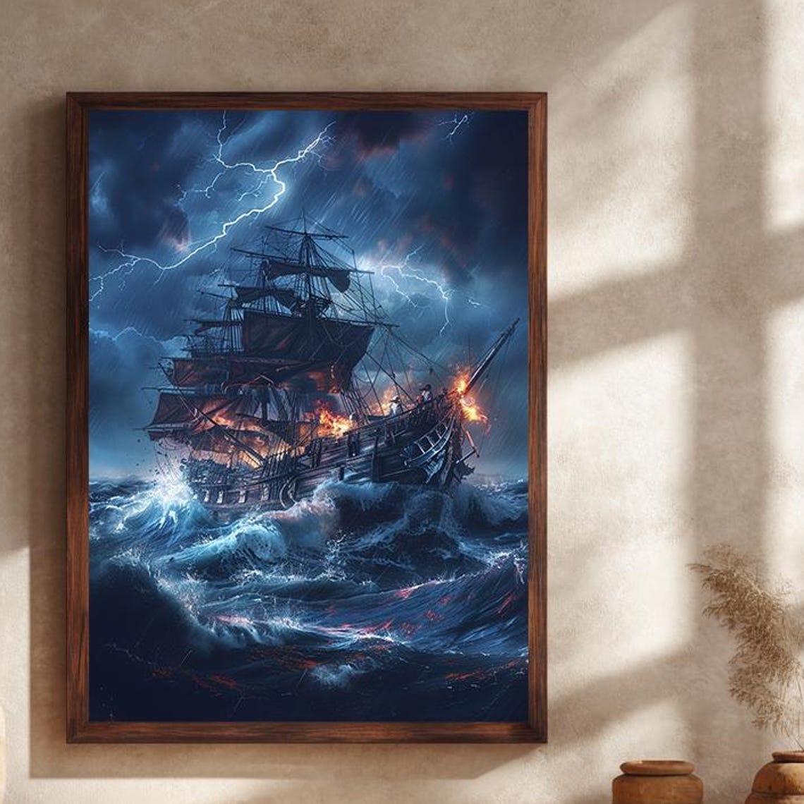 Pirate Ship Storm Lightning Dramatic Nautical Fantasy Wall Art