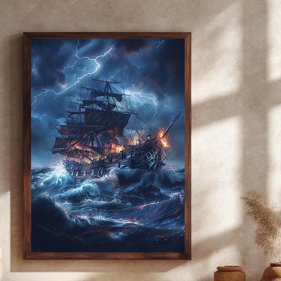 Pirate Ship Canvas Wall Art With Stormy Sea Lightning And Fire Dramatic Fantasy Nautical Painting Print For Gothic Ocean Home Decor