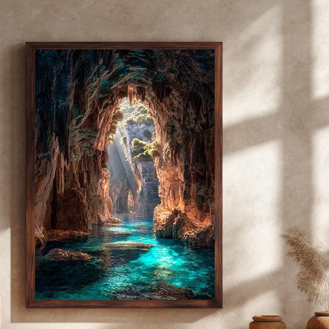 Sunlit Ocean Cave With Turquoise Water Rocky Cavern Nature Poster