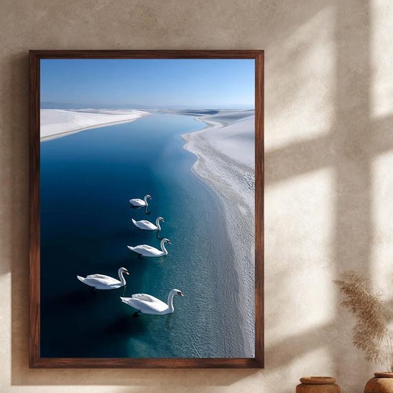 Elegant Swan Canvas Wall Art Minimalist White Swans On Blue Water Print For Modern Scandinavian Or Tranquil Zen Home Decor