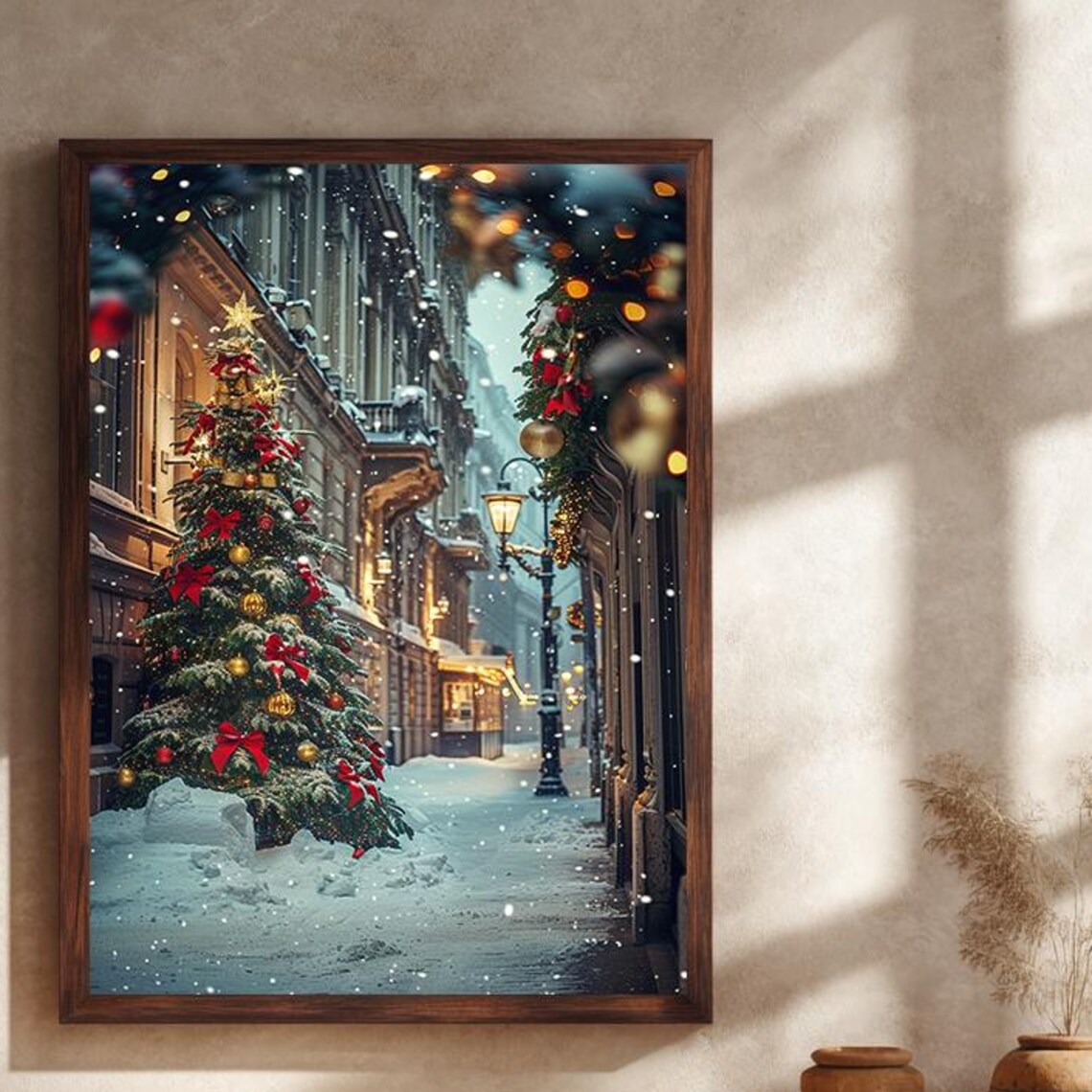 Christmas Tree In Snowy European Street, Holiday Art Print