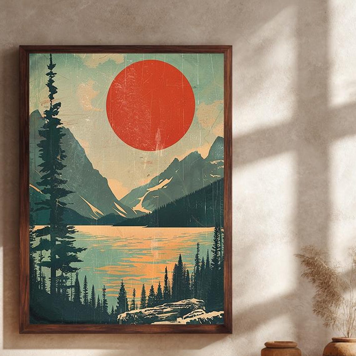 Red Sun Over Mountain Lake Pines Vintage Travel Wilderness Poster