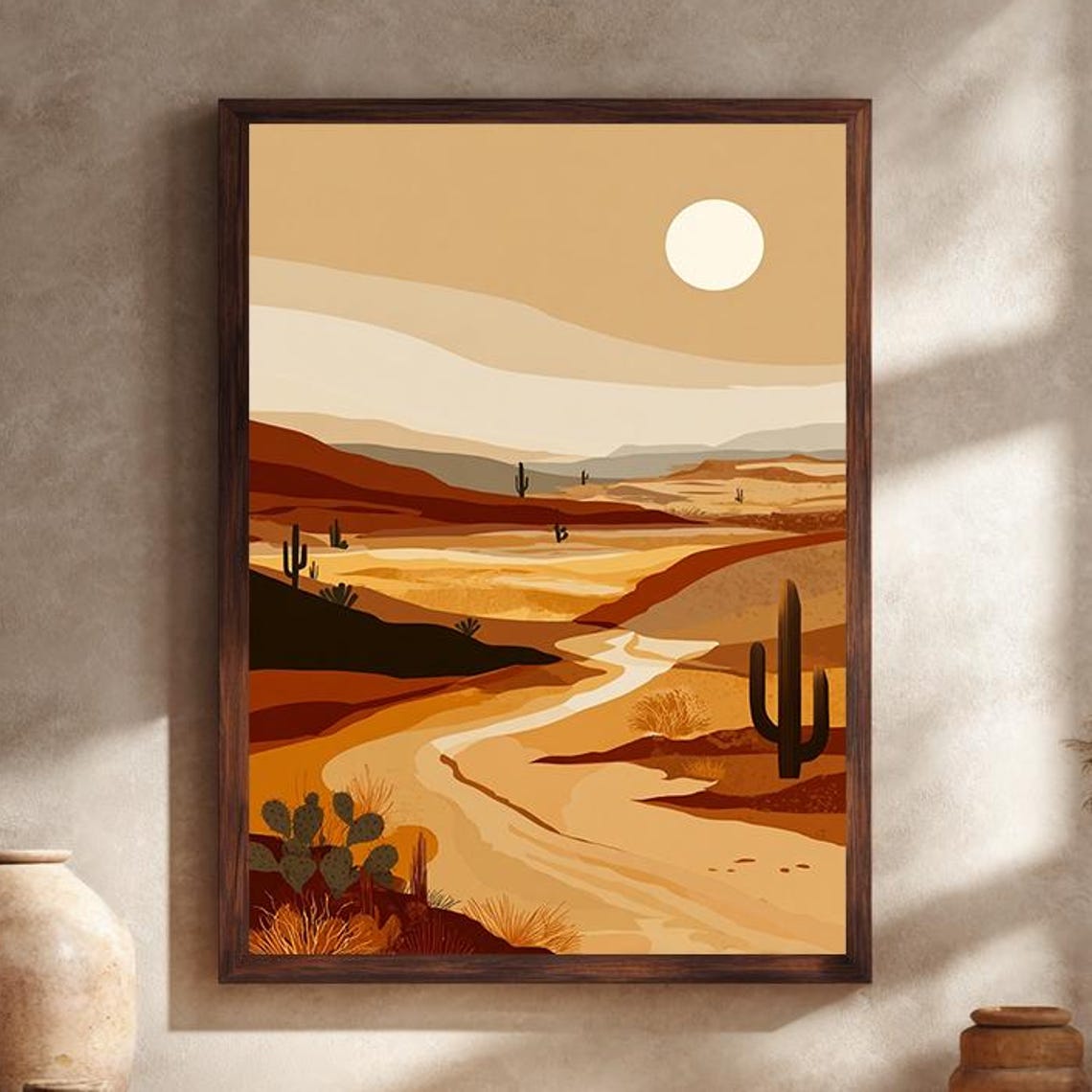 Minimalist Desert Sunset with Saguaro Cacti Landscape Poster