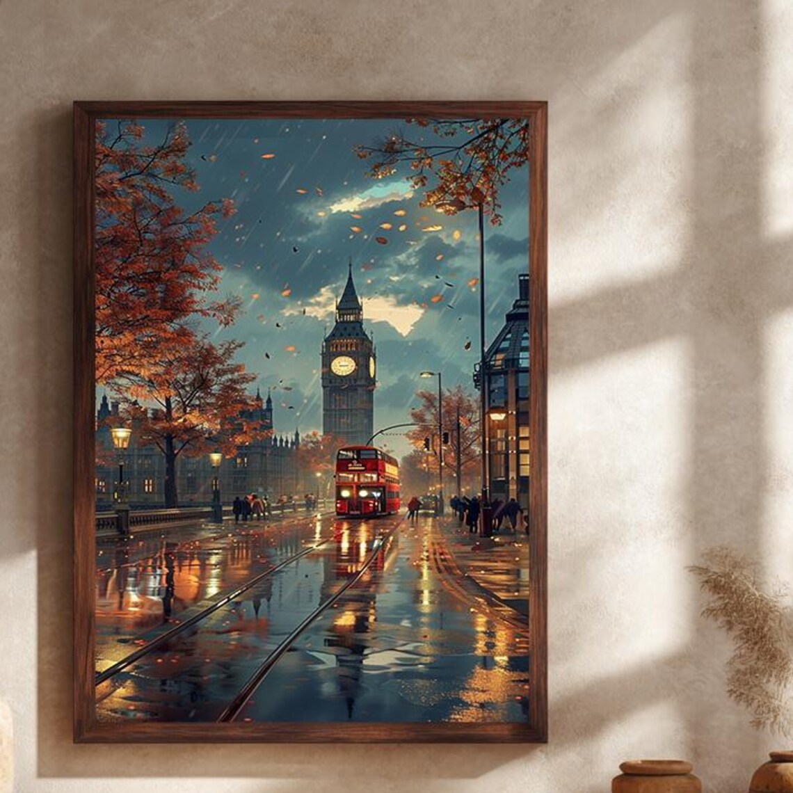 London Big Ben Red Double Decker Bus Rainy Autumn Canvas Wall Art