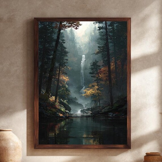 Misty Autumn Forest Waterfall Cascading Over a Serene Dark Stream Print