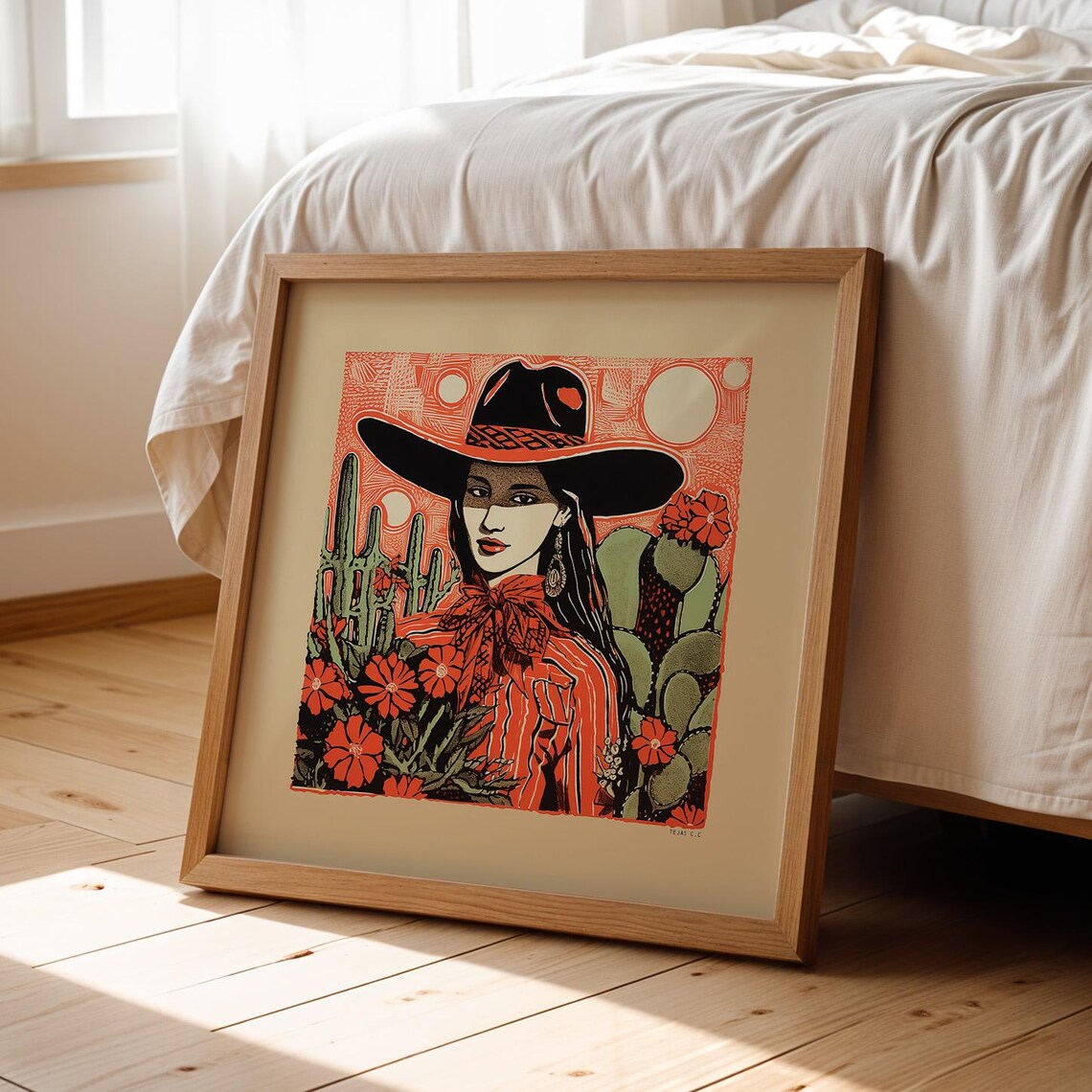 Cowgirl Desert Linocut Art Print, Kitchen Decor