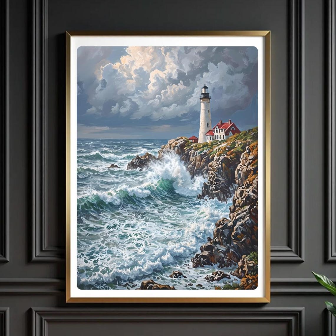Stormy Lighthouse Ocean Waves Coastal Seascape Dramatic Wall Art