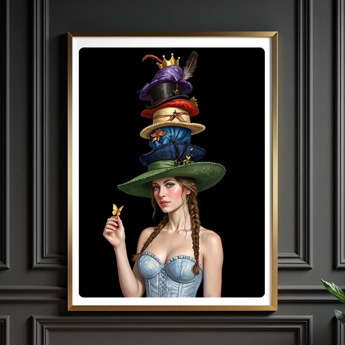 Surreal Lady Stacked Hats Butterfly Whimsical Portrait Art Poster