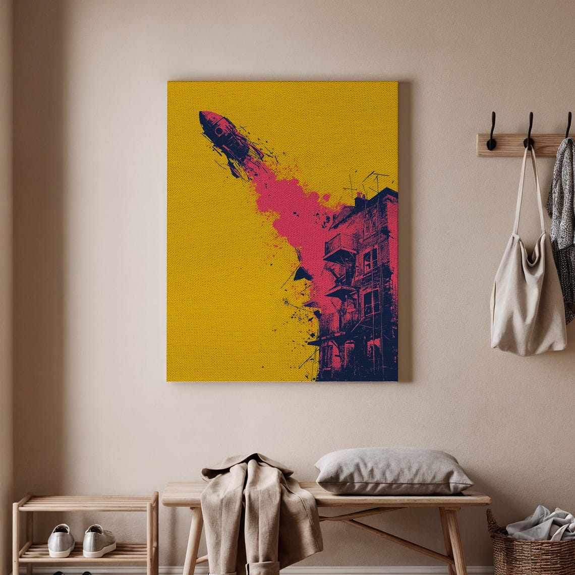 Pop Art Rocket Launch Yellow Pink Space City Retro Blast Off Poster