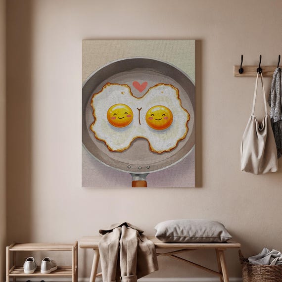 Fried Eggs Couple Canvas Art Cute Kitchen Wall Decor Breakfast Love Illustration Whimsical Cooking Themed Print