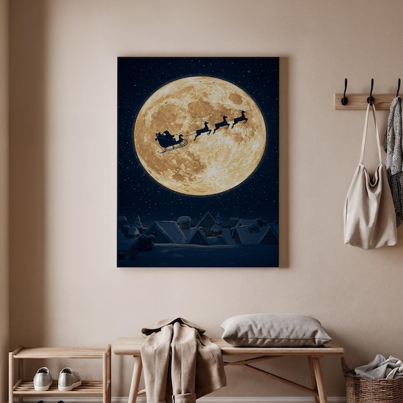 Santa Sleigh Silhouette Flying Across Giant Golden Full Moon Print